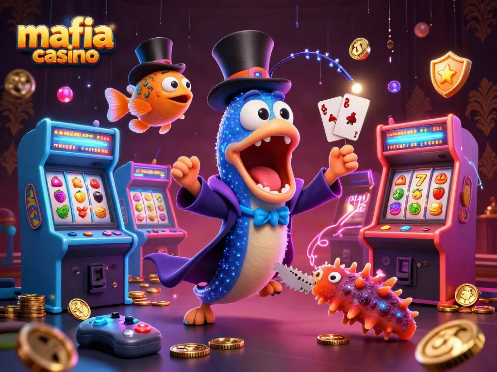 Mafia casino themed 3D illustration featuring magical marine characters engaged in a dynamic casino game setting.