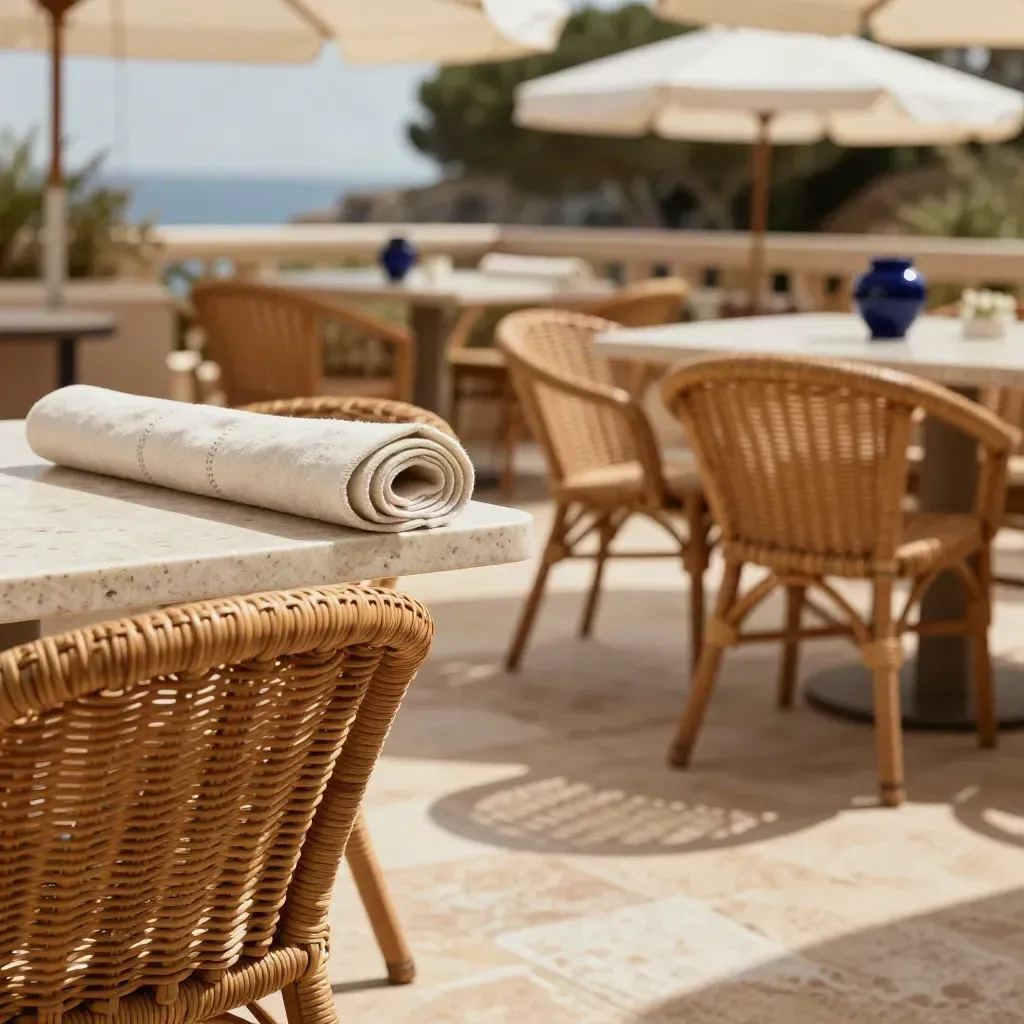 Macro della terrazza estiva con rattan, lino arrotolato e ombre di luglio.