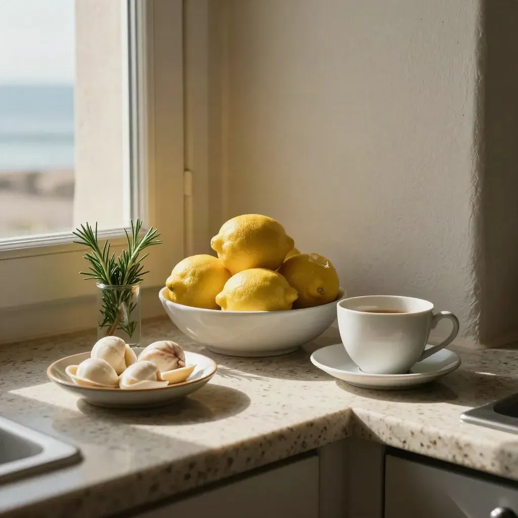 Ciotola di limoni, rosmarino, conchiglie e tazza bianca su mensola di travertino, luce calda.