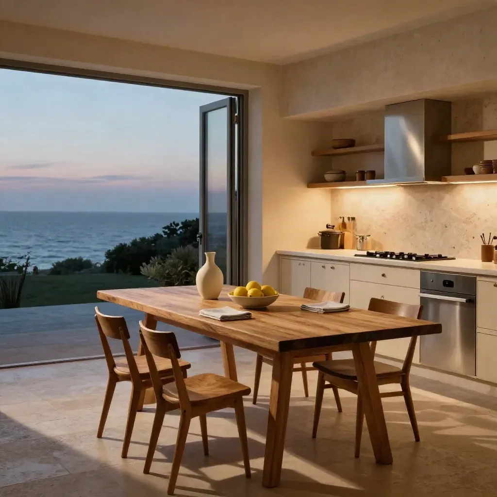Zona pranzo pronta con tavolo grande, tre sedie, cucina aperta e terrazza sul mare.