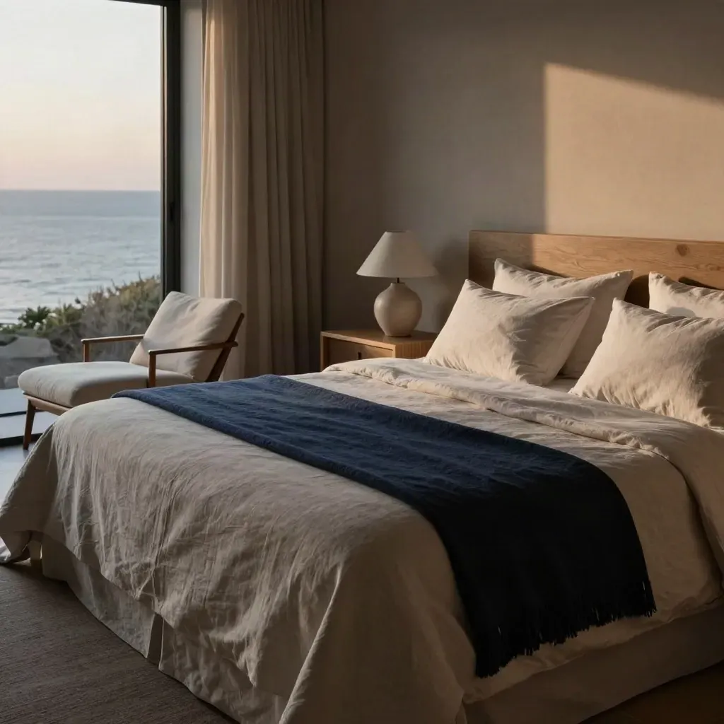 Camera tranquilla con letto rifatto, comodini essenziali e sedia vicino alla finestra al tramonto.