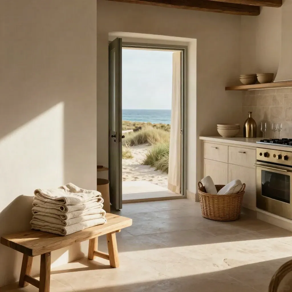 Interno villa luminosa con biancheria piegata, cucina pronta e uscita aperta verso la spiaggia