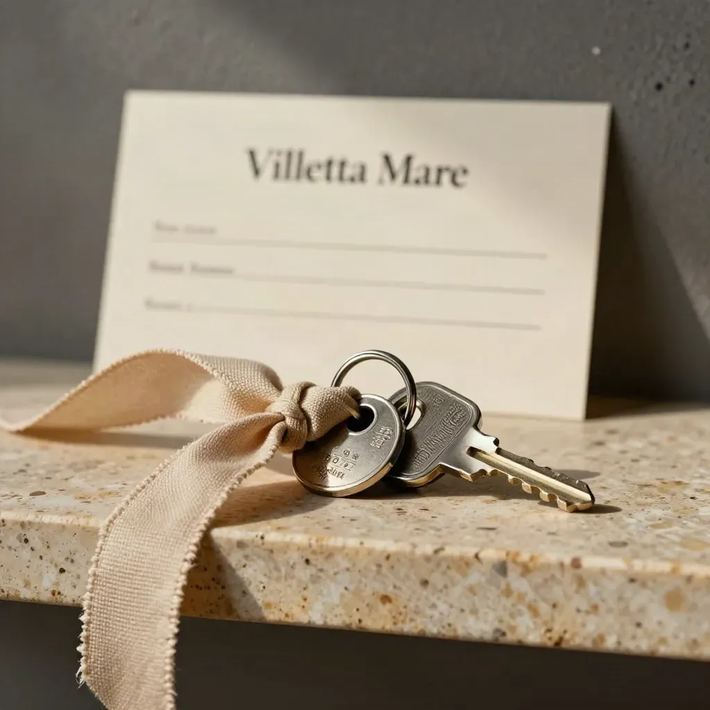 Chiave avvolta in lino, sigillo metallico e anello chiavi su mensola di travertino.