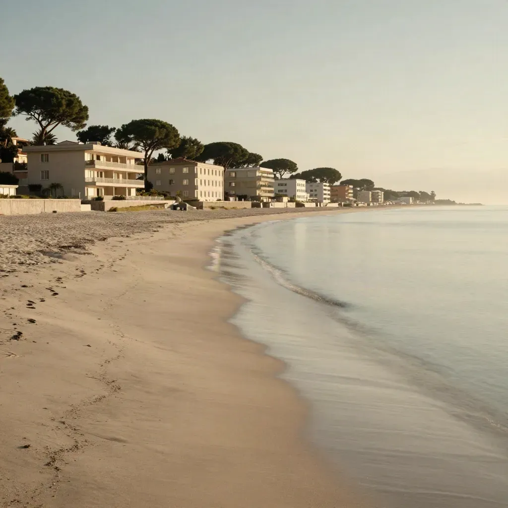 Litorale Veneto con pineta, spiaggia lunga e skyline basso sotto luce calda.