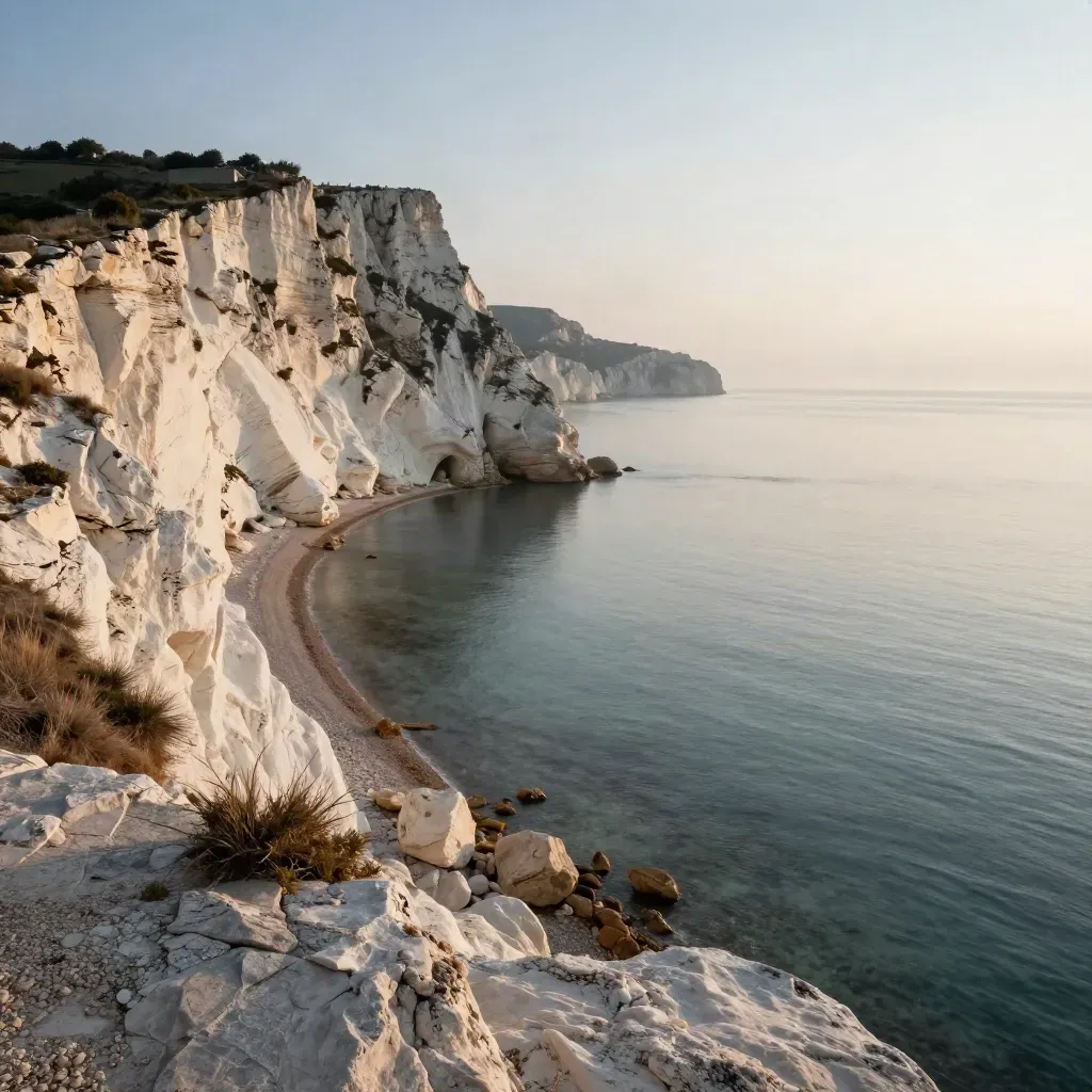 Falesia chiara e baia calma della Costa Marchigiana con mare velato.