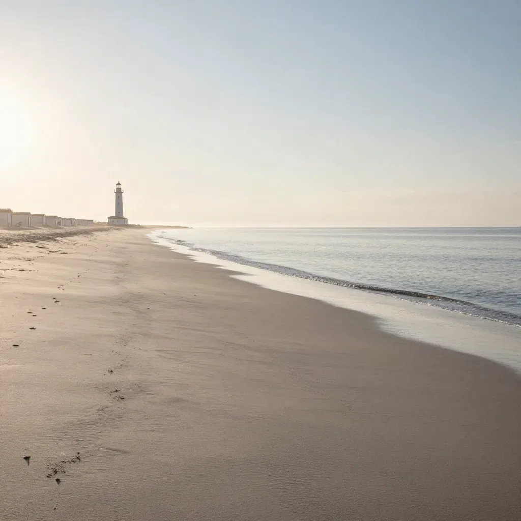 Vista all’alba della Riviera Romagnola: spiaggia vuota, mare calmo e luce dorata.