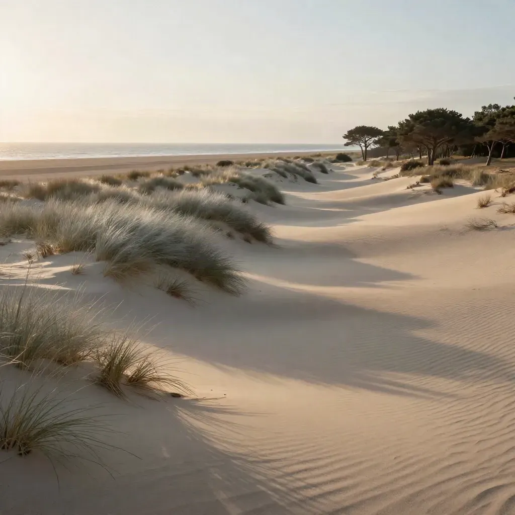 Dune chiare e pini marittimi al tramonto sulla costa toscana, con mare calmo e spazio per il testo.